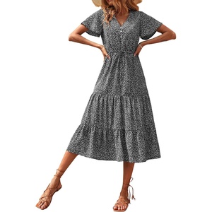 image:imagePRETTYGARDEN Floral Dress for Women 2026 Summer Casual Short Sleeve Maxi Dresses V Neck Tiered Flowy Boho Beach SundressBlack Floral