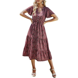 image:imagePRETTYGARDEN Floral Dress for Women 2026 Summer Casual Short Sleeve Maxi Dresses V Neck Tiered Flowy Boho Beach SundressBlack Red Floral