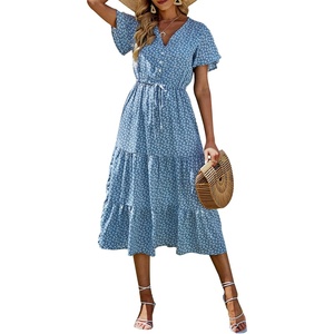 image:imagePRETTYGARDEN Floral Dress for Women 2026 Summer Casual Short Sleeve Maxi Dresses V Neck Tiered Flowy Boho Beach SundressBlue