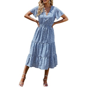 image:imagePRETTYGARDEN Floral Dress for Women 2026 Summer Casual Short Sleeve Maxi Dresses V Neck Tiered Flowy Boho Beach SundressBlue White Floral