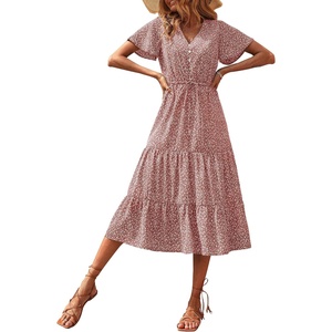 image:imagePRETTYGARDEN Floral Dress for Women 2026 Summer Casual Short Sleeve Maxi Dresses V Neck Tiered Flowy Boho Beach SundressBrick Red Floral