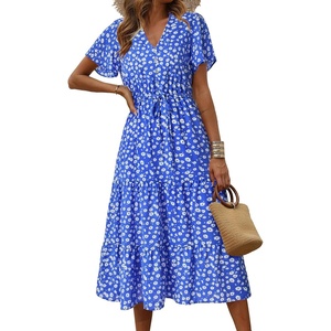 image:imagePRETTYGARDEN Floral Dress for Women 2026 Summer Casual Short Sleeve Maxi Dresses V Neck Tiered Flowy Boho Beach SundressDark Blue