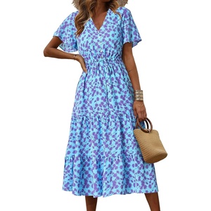 image:imagePRETTYGARDEN Floral Dress for Women 2026 Summer Casual Short Sleeve Maxi Dresses V Neck Tiered Flowy Boho Beach SundressLight Blue Purple Floral