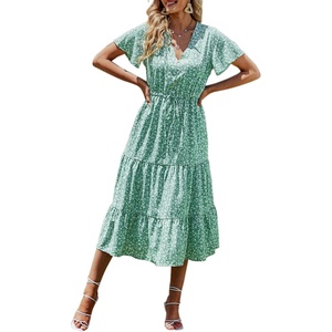 image:imagePRETTYGARDEN Floral Dress for Women 2026 Summer Casual Short Sleeve Maxi Dresses V Neck Tiered Flowy Boho Beach SundressLight Green