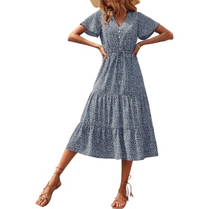 image:imagePRETTYGARDEN Floral Dress for Women 2026 Summer Casual Short Sleeve Maxi Dresses V Neck Tiered Flowy Boho Beach SundressNavy Floral