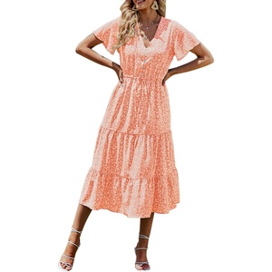 image:imagePRETTYGARDEN Floral Dress for Women 2026 Summer Casual Short Sleeve Maxi Dresses V Neck Tiered Flowy Boho Beach SundressOrange Yellow