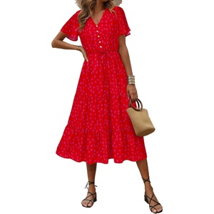 image:imagePRETTYGARDEN Floral Dress for Women 2026 Summer Casual Short Sleeve Maxi Dresses V Neck Tiered Flowy Boho Beach SundressPrint Red