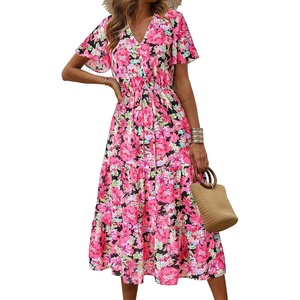 image:imagePRETTYGARDEN Floral Dress for Women 2026 Summer Casual Short Sleeve Maxi Dresses V Neck Tiered Flowy Boho Beach SundressRed