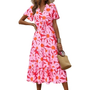 image:imagePRETTYGARDEN Floral Dress for Women 2026 Summer Casual Short Sleeve Maxi Dresses V Neck Tiered Flowy Boho Beach SundressRed Floral