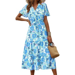 image:imagePRETTYGARDEN Floral Dress for Women 2026 Summer Casual Short Sleeve Maxi Dresses V Neck Tiered Flowy Boho Beach SundressWhite Blue Floral