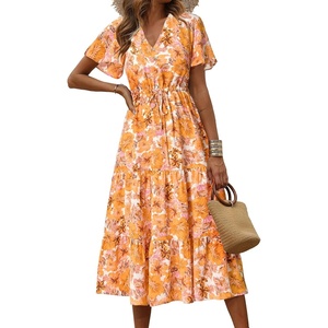 image:imagePRETTYGARDEN Floral Dress for Women 2026 Summer Casual Short Sleeve Maxi Dresses V Neck Tiered Flowy Boho Beach SundressWhite Yellow Floral