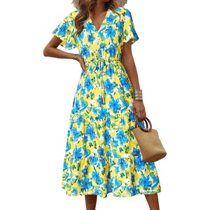 image:imagePRETTYGARDEN Floral Dress for Women 2026 Summer Casual Short Sleeve Maxi Dresses V Neck Tiered Flowy Boho Beach SundressYellow Blue Floral