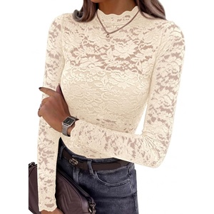 image:imagePRETTYGARDEN Womens Lace Long Sleeve Top Mesh Sheer Blouses Mock Neck See Through Slim Fitted Tops 2026 Fall Fashion ClothesApricot