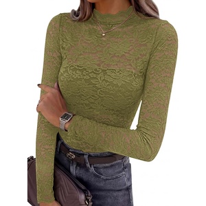 image:imagePRETTYGARDEN Womens Lace Long Sleeve Top Mesh Sheer Blouses Mock Neck See Through Slim Fitted Tops 2026 Fall Fashion ClothesGreen