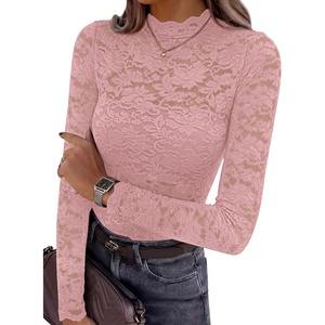 image:imagePRETTYGARDEN Womens Lace Long Sleeve Top Mesh Sheer Blouses Mock Neck See Through Slim Fitted Tops 2026 Fall Fashion ClothesPink