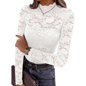 image:imagePRETTYGARDEN Womens Lace Long Sleeve Top Mesh Sheer Blouses Mock Neck See Through Slim Fitted Tops 2026 Fall Fashion ClothesWhite