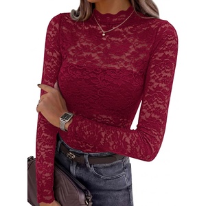 image:imagePRETTYGARDEN Womens Lace Long Sleeve Top Mesh Sheer Blouses Mock Neck See Through Slim Fitted Tops 2026 Fall Fashion ClothesWine Red