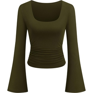 image:imagePRETTYGARDEN Womens Long Bell Sleeve Going Out Tops Fall Fashion 2026 Square Neck Ruched Ribbed Shirts Winter Y2K ClothesArmy Green