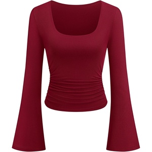 image:imagePRETTYGARDEN Womens Long Bell Sleeve Going Out Tops Fall Fashion 2026 Square Neck Ruched Ribbed Shirts Winter Y2K ClothesBurgundy