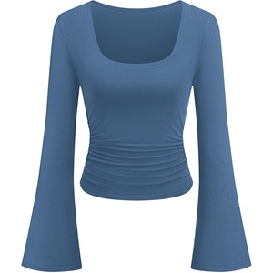 image:imagePRETTYGARDEN Womens Long Bell Sleeve Going Out Tops Fall Fashion 2026 Square Neck Ruched Ribbed Shirts Winter Y2K ClothesDusty Blue