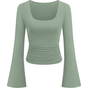image:imagePRETTYGARDEN Womens Long Bell Sleeve Going Out Tops Fall Fashion 2026 Square Neck Ruched Ribbed Shirts Winter Y2K ClothesSage Green
