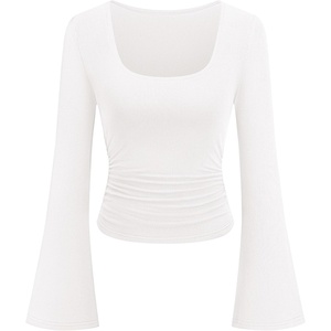 image:imagePRETTYGARDEN Womens Long Bell Sleeve Going Out Tops Fall Fashion 2026 Square Neck Ruched Ribbed Shirts Winter Y2K ClothesWhite
