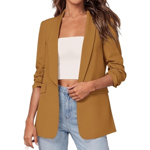 image:imagePRETTYGARDEN Womens 2026 Spring Blazers Business Casual Outfits Open Front Ruched 34 Sleeve Lightweight Work Suits JacketsBrown Yellow