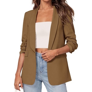 image:imagePRETTYGARDEN Womens 2026 Spring Blazers Business Casual Outfits Open Front Ruched 34 Sleeve Lightweight Work Suits JacketsDark Khaki