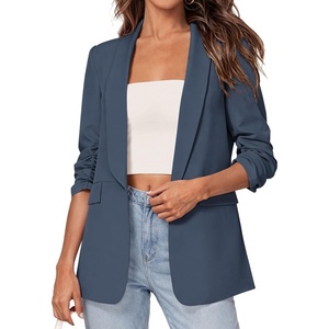 image:imagePRETTYGARDEN Womens 2026 Spring Blazers Business Casual Outfits Open Front Ruched 34 Sleeve Lightweight Work Suits JacketsDusty Blue