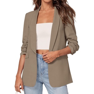 image:imagePRETTYGARDEN Womens 2026 Spring Blazers Business Casual Outfits Open Front Ruched 34 Sleeve Lightweight Work Suits JacketsLight Coffee