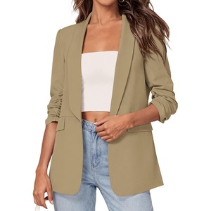 image:imagePRETTYGARDEN Womens 2026 Spring Blazers Business Casual Outfits Open Front Ruched 34 Sleeve Lightweight Work Suits JacketsLight Khaki