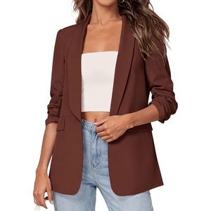 image:imagePRETTYGARDEN Womens 2026 Spring Blazers Business Casual Outfits Open Front Ruched 34 Sleeve Lightweight Work Suits JacketsRed Brown
