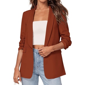 image:imagePRETTYGARDEN Womens 2026 Spring Blazers Business Casual Outfits Open Front Ruched 34 Sleeve Lightweight Work Suits JacketsRust