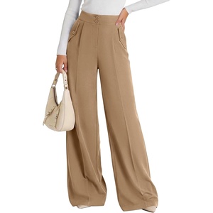 image:imagePRETTYGARDEN Womens Wide Leg Work Dress Pants Trousers  Palazzo Pant with Pockets Lightweight Flowy High Elastic Waistband Office Wear Business Casual Outfits Fashion ClothingKhaki