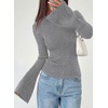 image:imagePRETTYGARDEN Sweaters for Women Lightweight Mock Neck Bell Long Sleeve Fitted Tops Ribbed Pullover 2026 Fall Fashion ClothingGrey