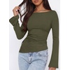 image:imagePRETTYGARDEN Womens Bell Long Sleeve Shirts 2026 Fall Boat Neck Ruched Asymmetrical Going Out Tops Ribbed Y2K ClothesArmy Green