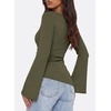 image:imagePRETTYGARDEN Womens Bell Long Sleeve Shirts 2026 Fall Boat Neck Ruched Asymmetrical Going Out Tops Ribbed Y2K ClothesArmy Green