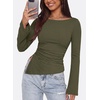 image:imagePRETTYGARDEN Womens Bell Long Sleeve Shirts 2026 Fall Boat Neck Ruched Asymmetrical Going Out Tops Ribbed Y2K ClothesArmy Green
