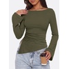 image:imagePRETTYGARDEN Womens Bell Long Sleeve Shirts 2026 Fall Boat Neck Ruched Asymmetrical Going Out Tops Ribbed Y2K ClothesArmy Green
