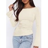 image:imagePRETTYGARDEN Womens Bell Long Sleeve Shirts 2026 Fall Boat Neck Ruched Asymmetrical Going Out Tops Ribbed Y2K ClothesBeige