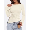 image:imagePRETTYGARDEN Womens Bell Long Sleeve Shirts 2026 Fall Boat Neck Ruched Asymmetrical Going Out Tops Ribbed Y2K ClothesBeige