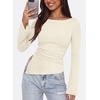 image:imagePRETTYGARDEN Womens Bell Long Sleeve Shirts 2026 Fall Boat Neck Ruched Asymmetrical Going Out Tops Ribbed Y2K ClothesBeige