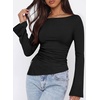 image:imagePRETTYGARDEN Womens Bell Long Sleeve Shirts 2026 Fall Boat Neck Ruched Asymmetrical Going Out Tops Ribbed Y2K ClothesBlack