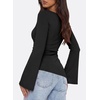 image:imagePRETTYGARDEN Womens Bell Long Sleeve Shirts 2026 Fall Boat Neck Ruched Asymmetrical Going Out Tops Ribbed Y2K ClothesBlack