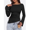 image:imagePRETTYGARDEN Womens Bell Long Sleeve Shirts 2026 Fall Boat Neck Ruched Asymmetrical Going Out Tops Ribbed Y2K ClothesBlack