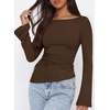 image:imagePRETTYGARDEN Womens Bell Long Sleeve Shirts 2026 Fall Boat Neck Ruched Asymmetrical Going Out Tops Ribbed Y2K ClothesBrown