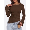 image:imagePRETTYGARDEN Womens Bell Long Sleeve Shirts 2026 Fall Boat Neck Ruched Asymmetrical Going Out Tops Ribbed Y2K ClothesBrown