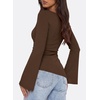 image:imagePRETTYGARDEN Womens Bell Long Sleeve Shirts 2026 Fall Boat Neck Ruched Asymmetrical Going Out Tops Ribbed Y2K ClothesBrown