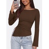 image:imagePRETTYGARDEN Womens Bell Long Sleeve Shirts 2026 Fall Boat Neck Ruched Asymmetrical Going Out Tops Ribbed Y2K ClothesBrown