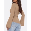 image:imagePRETTYGARDEN Womens Bell Long Sleeve Shirts 2026 Fall Boat Neck Ruched Asymmetrical Going Out Tops Ribbed Y2K ClothesKhaki